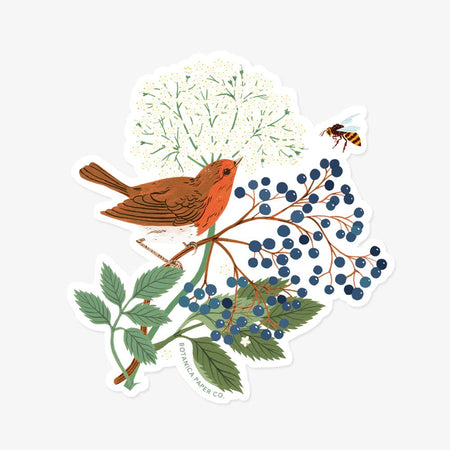 White sticker with images of a red robin, bumblebee, blue flower branch and green leaves.