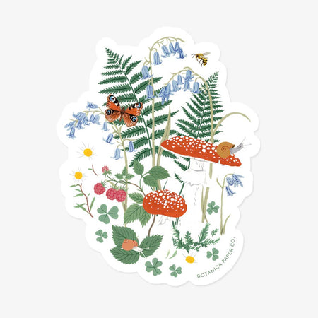 White sticker with images of red mushrooms, green fern leaves, butterflies, bumblebee, raspberry bush and white daisy flowers.