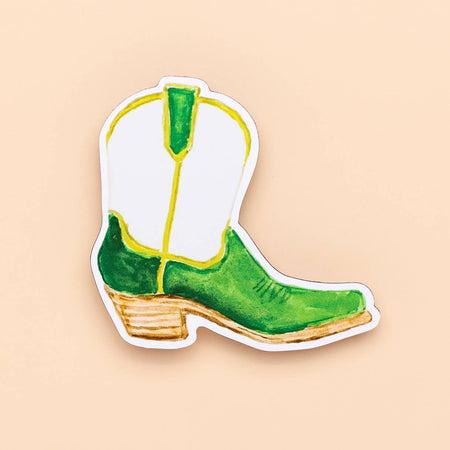 Sticker in the image of a green and white cowboy boot.