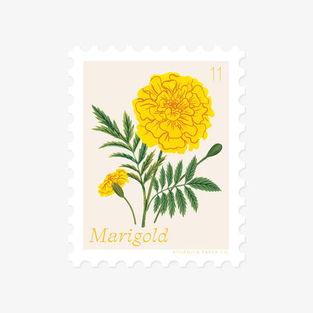 Sticker in the image of a postage stamp with a yellow marigold flower. Yellow text saying, “Marigold 11”.