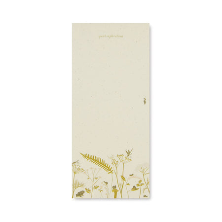 Tan notepad with black text saying, “Quiet Explorations”. Images of wildflowers and mushrooms.
