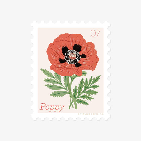 Postage stamp looking sticker with image of a red poppy flower in center. Pink text saying, “Poppy 07”.