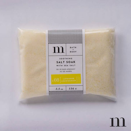 Lavender and lemongrass scented ivory colored salt bath soak.  Packaged in clear plastic.