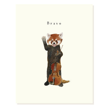 Ivory card with black text saying, “Bravo”. Image of a red panda wearing a black suit playing a cello. A matching ivory envelope is included.