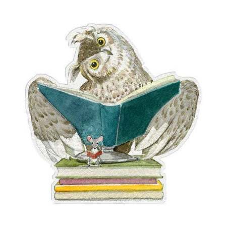 Image of a grown and gray owl reading a blue book and sitting on a pile of books. A small mouse is in front also reading a book.