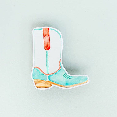 Sticker in the image of a teal and coral cowboy boot.