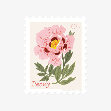 Postage stamp looking sticker with image of a pink peony flower in center. Pink text saying, “Peony 05”.