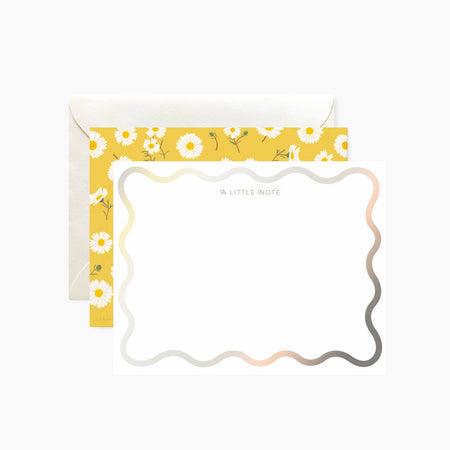 White and yellow notecards with images of white daisies and text saying, “A Little Note”. Matching envelopes included.