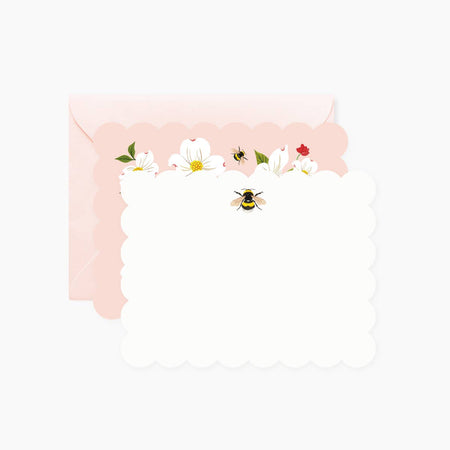 Pink and white notecards with scalloped trim. Images of bumblebees and white daisies. Matching envelopes included.