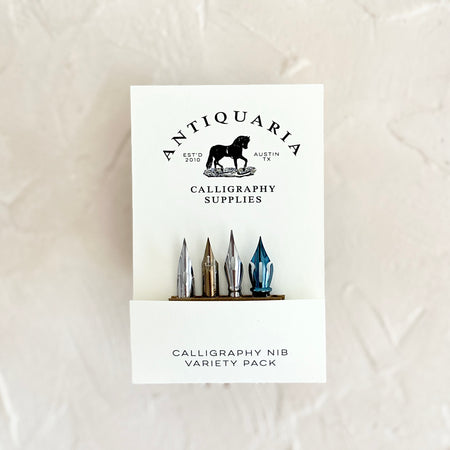 White packaging with black text saying, “Antiquaria Calligraphy Supplies: Calligraphy Nib Variety Pack”. Four pen nibs in silver, gold, brass and blue.