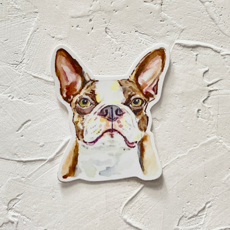 Sticker in the image of a brown and white Boston Terrier dog.