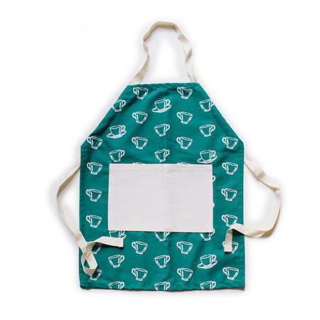 Blue apron with images of white tea cups scattered across apron. Ivory colored waist straps and neck strap. Large ivory colored pocket in center of apron.