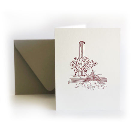 Set of ivory notecards with burgundy ink with images of tower and fountain from Trinity University. Matching gray envelopes are included.