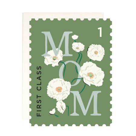 Ivory card with image of a green postage stamp saying, “First Class Mom”. Images of white carnation flowers. An ivory envelope is included.