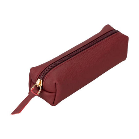 Burgundy leather soft sided zipper pouch with zipper across the top.