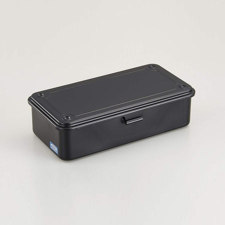 Black long rectangular steel toolbox with front latch.