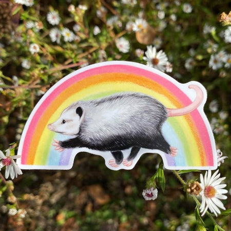 Sticker in the image of a walking opossum with a rainbow in the background.