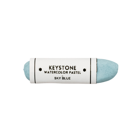 Sky blue pastel crayon with white label with black text.