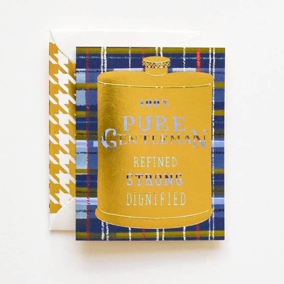 Blue plaid bacground with image of a gold flask with blue and white text saying, 