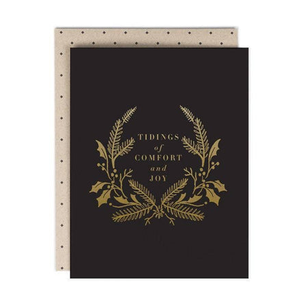 Black card with gold wreath design and gold foil text saying, 
