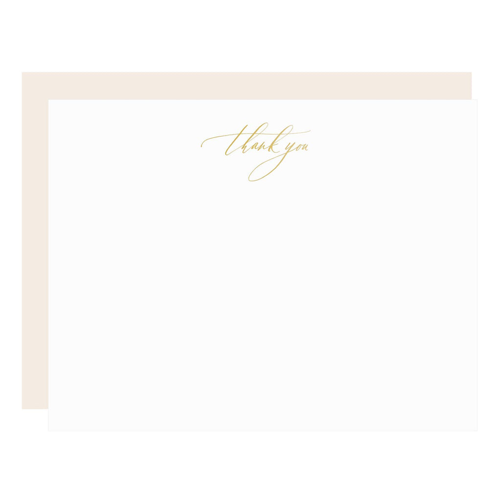 White card with gold script text across top center saying, “Thank You”. Ivory matching envelopes are included.