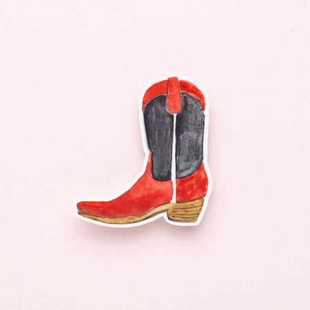 Sticker in the image of a red and black cowboy boot.