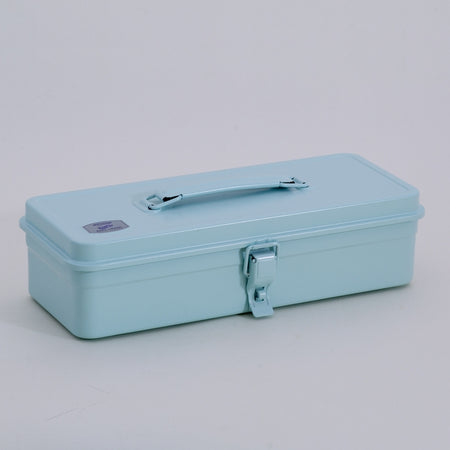 Ice blue long rectangular steel toolbox with top handle and front latch.