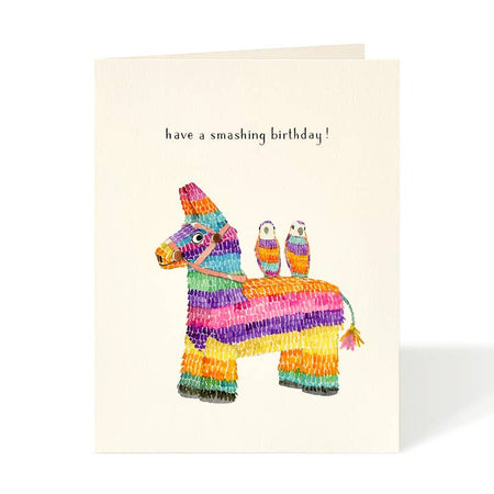 White card with image of a colorful donkey piñata. Black text saying, “Have a Smashing Birthday”. A white envelope is included.