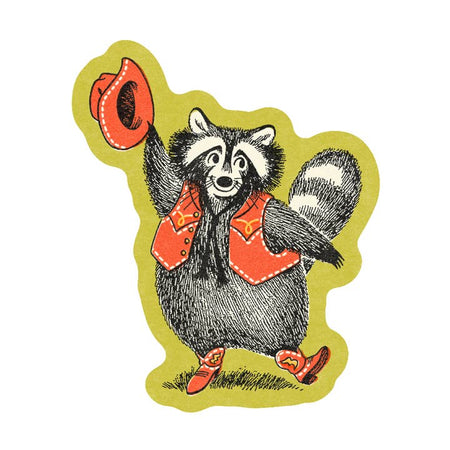 Sticker in the image a raccoon dressed as a cowboy wearing a red vest and red boots holding a red hat.