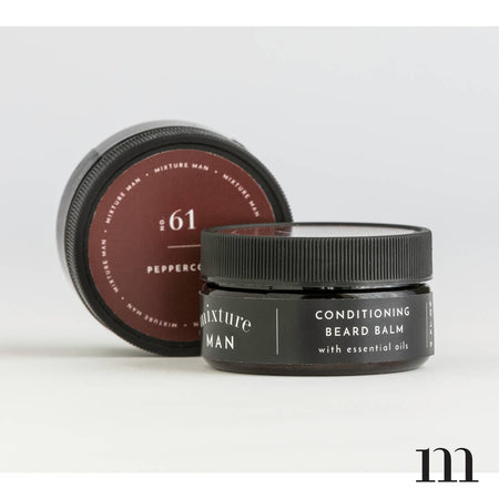 Circular black package with white text saying, “Mixture Man Conditioning Beard Balm”.