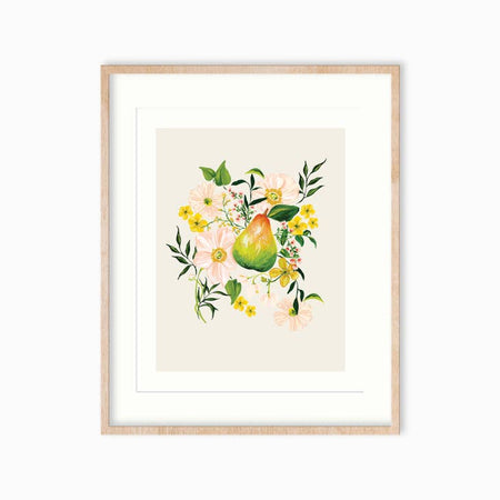 Art print with tan background with green and red pear fruit with yellow and pink flowers.