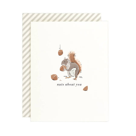 Ivory card with gray text saying, “Nuts About You”. Image of a gray and brown squirrel eating brown acorns. An ivory envelope is included.
