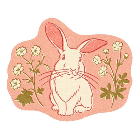 Pink sticker with image of a white bunny and white flowers with green stems.