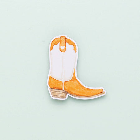 Sticker in the image of an orange cowboy boot.