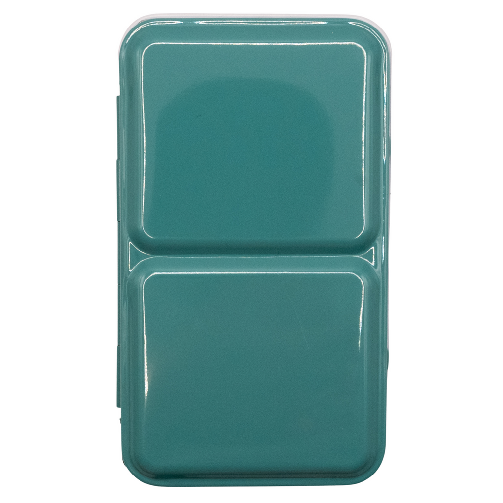 Teal paint pallet with two part divided tray. 