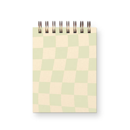 Checkerboard cover with ivory and seaglass green squares. Metal spiral coil binding across the top.