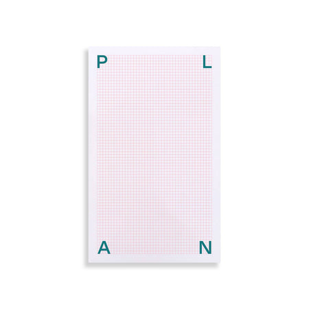 White background with pink grid lines and green text saying, “Plan”.