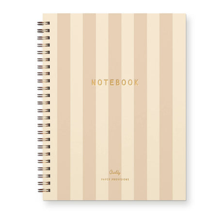 Ivory cover with tan vertical stripes. Green text saying, “NOTEBOOK” in center. Metal spiral coil binding on left side.
