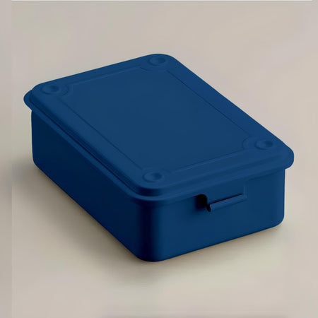 Blue steel toolbox with front latch.