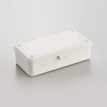 White long rectangular steel toolbox with front latch.