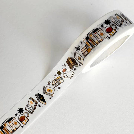 White background washi tape with images of different colored books and coffee mugs. 