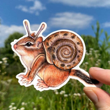 Sticker in the image of a brown chipmunk wearing a snail shaped backpack.