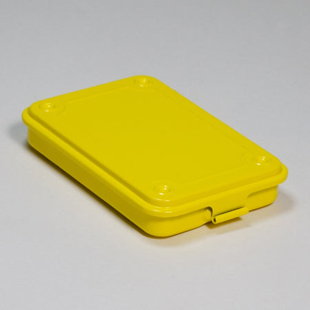 Yellow flat rectangular steel toolbox with front latch.