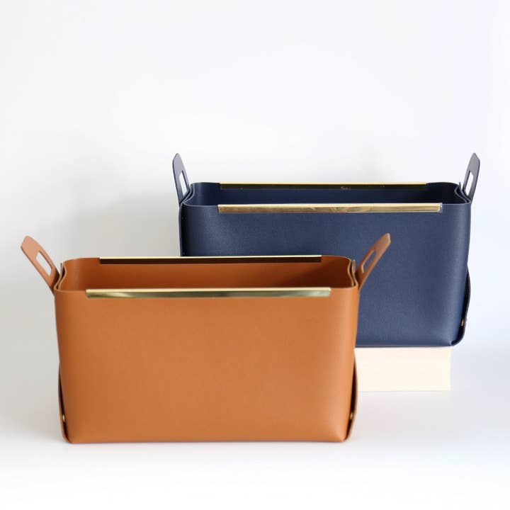 Storage Basket with Metal Edge | Leather Brown