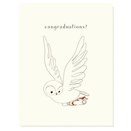 Ivory card with black text saying, “Congradulations!” Image of an owl holding a diploma in its talons. A matching ivory envelope is included.