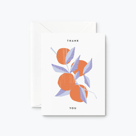 White card with black text saying, “Thank You”. Image of an orange fruit branch with blue leaves in center of card. A white envelope is included.