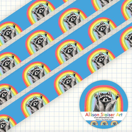 Decorative blue tape with images of a raccoon raising his hands up with a rainbow in the background. 