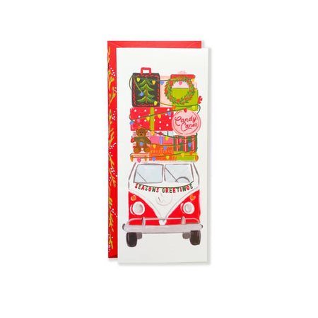 Vertical white card with images of an old red VW bus with pile of holiday presents tied to the roof. A red envelope is included.