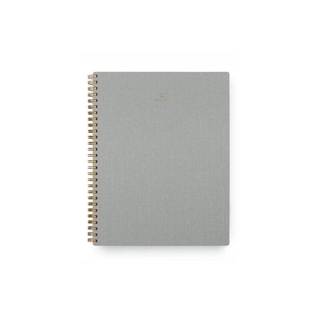 Dove gray textured cover with brass spiral on left side.