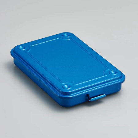 Blue flat rectangular steel toolbox with front latch.